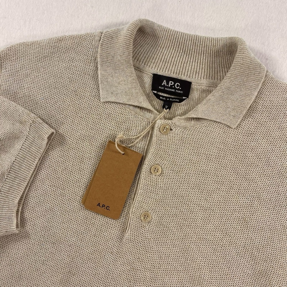 APC Fred Knit Polo Shirt Mens M Beige Luxury Designer Linen Blend Ribbed NWT